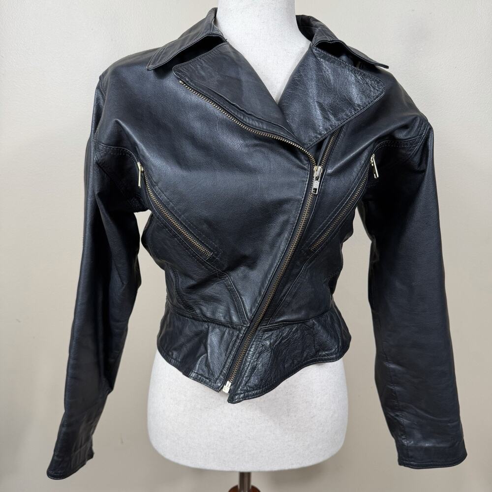 Vintage Midway Black Leather Moto Jacket Womens 7/8 Asymmetrical Zip Cropped